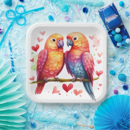 Regenboog Lovebirds Papieren Bordje (Feest)
