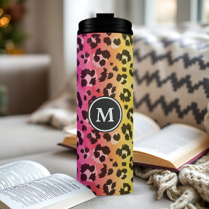 Regenboog Luipaard Dierprint Patroon Monogram Thermosbeker