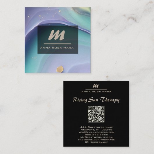 *~* Regenboog Marmer QR PASTEL Luxe Initiaal AP66 Vierkante Visitekaartje (Voorkant / Achterkant)