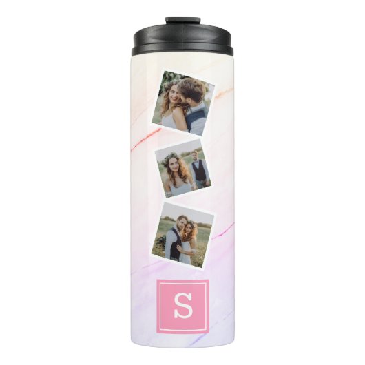 Regenboog Marmer Trendy Fotocollage Monogram Thermosbeker (Voorkant)