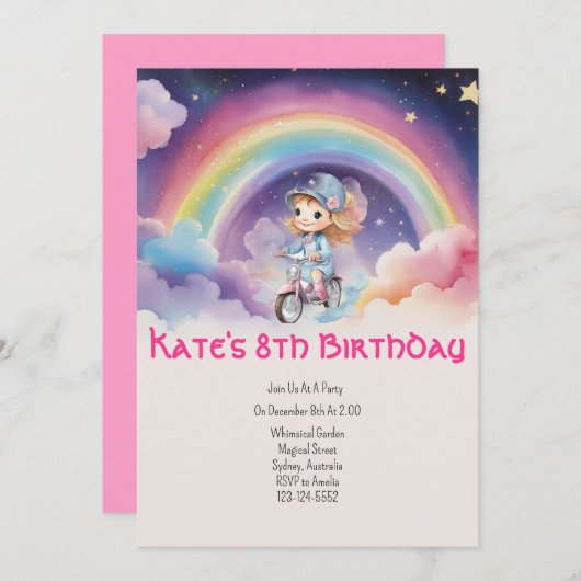 Regenboog meisje 8e verjaardag uitnodiging (Voorkant / Achterkant)
