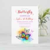 Regenboog meisje vlinder 1e verjaardag kaart (Staand voorkant)