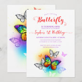 Regenboog meisje vlinder 1e verjaardag kaart (Voorkant / Achterkant)