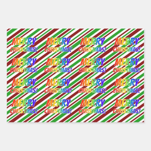 Regenboog "MERRY CHRISTMAS!", kerststrepen Inpakpapier Vel (Voorkant)