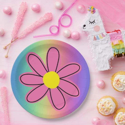 Regenboog met Roze Bloem Papieren Bord (Feest)