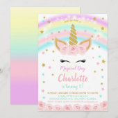 Regenboog met roze bloemen Eenhoorn uitnodiging (Voorkant / Achterkant)