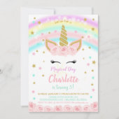 Regenboog met roze bloemen Eenhorn Uitnodiging (Voorkant)