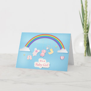 Regenboog met speelgoed douche baby meisje kaart