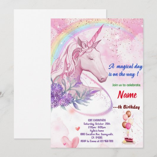 Regenboog met Unicorn Birthday-kaarten Kaart (Voorkant / Achterkant)