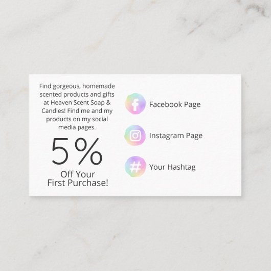 Regenboog met witte rozengecentreerde zeep en kaar visitekaartje (Achterkant)