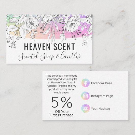 Regenboog met witte rozengecentreerde zeep en kaar visitekaartje (Voorkant / Achterkant)