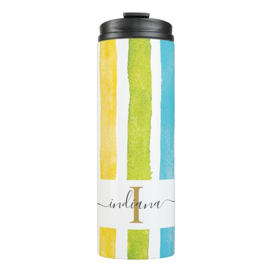 Regenboog Monogram Script Naam Strepen Custom Thermosbeker (Voorkant)