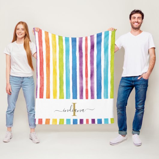 Regenboog Monogram Script Naam Waterverf Strepen Fleece Deken (In situ)