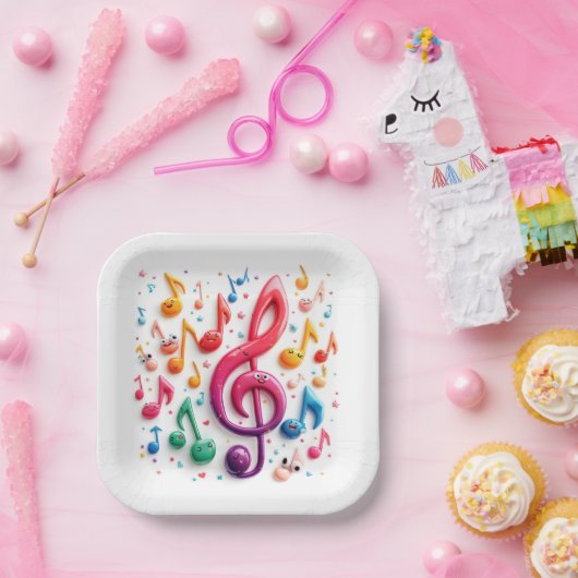 Regenboog muzieknoten met oogbollen papieren bordje (Feest)