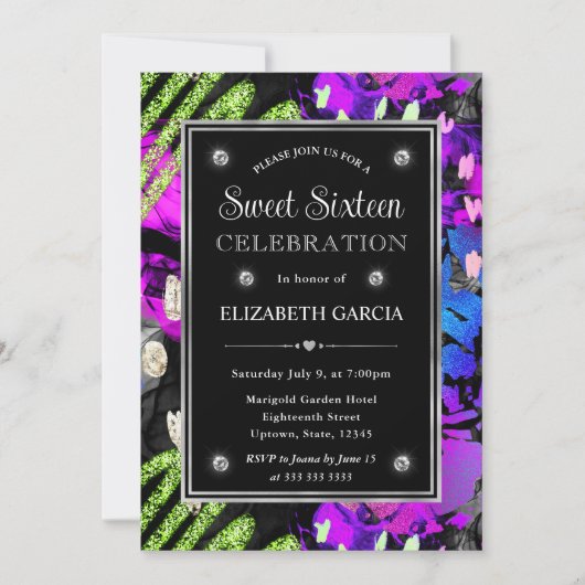 Regenboog Neon Abstract Glitter Frame Sweet 16 Kaart (Voorkant)