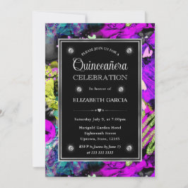 Regenboog Neon Abstract Glitter Kader Quinceanera Kaart