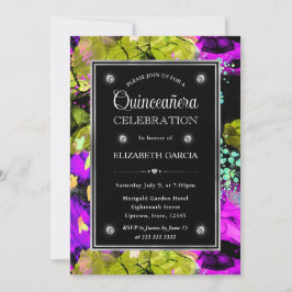 Regenboog Neon Abstract Glitter Kader Quinceanera Kaart