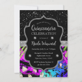 Regenboog Neon Abstract Glitter Quinceanera Kaart
