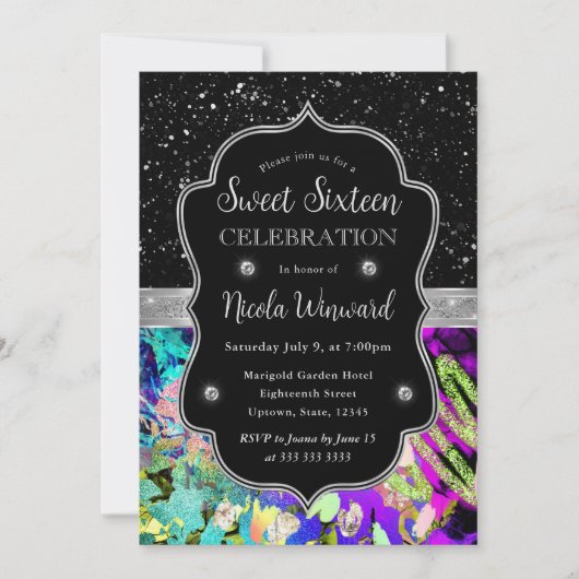 Regenboog Neon Abstract Glitter Sweet 16 Kaart (Voorkant)