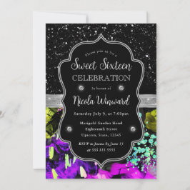 Regenboog Neon Abstract Glitter Sweet 16 Kaart