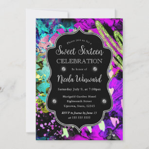 Regenboog Neon Abstract Glitter Sweet 16 Kaart