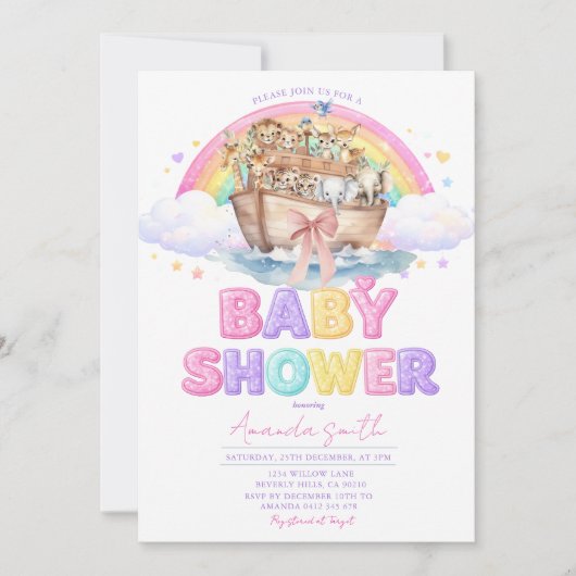Regenboog Noach's Ark Baby Shower Glitter Uitnodig Kaart (Voorkant)