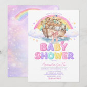 Regenboog Noach's Ark Baby Shower Glitter Uitnodig Kaart (Voorkant / Achterkant)