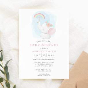 Regenboog Olifant Aquarel Meisje Baby Shower Kaart