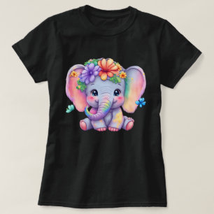 Regenboog olifant met bloemkroon en vlinder t-shirt