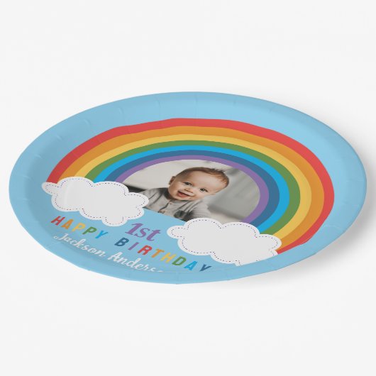 Regenboog over de wolken Baby's eerste verjaardag Papieren Bordje (Gekanteld)