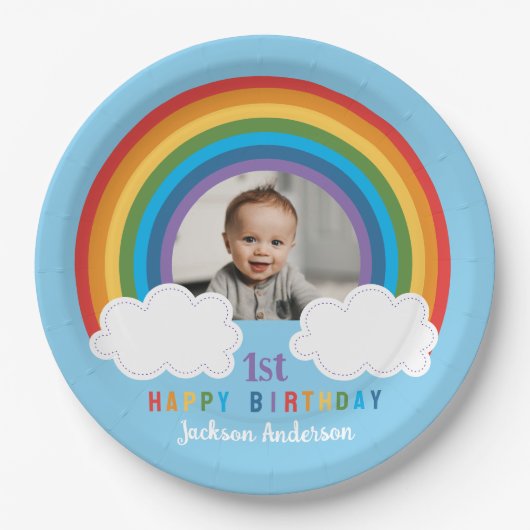 Regenboog over de wolken Baby's eerste verjaardag Papieren Bordje (Voorkant)