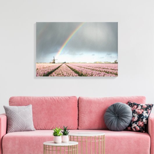 Regenboog over hyacinths en een windmolen in Neder Canvas Afdruk (Insitu (Woonkamer))
