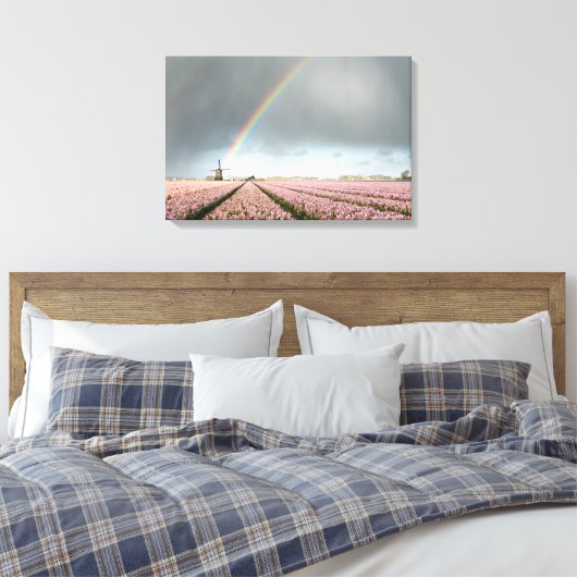 Regenboog over hyacinths en een windmolen in Neder Canvas Afdruk (Insitu (Slaapkamer))