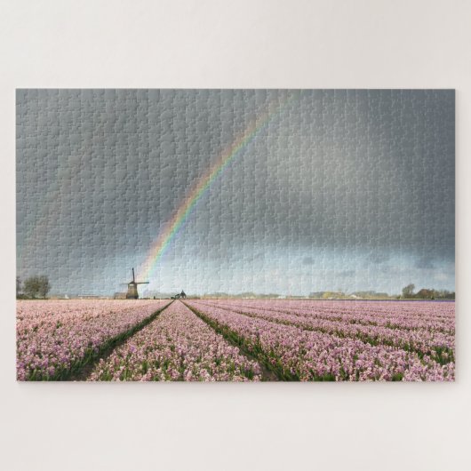 Regenboog over hyacinths en een windmolen in Neder Legpuzzel (Horizontaal)
