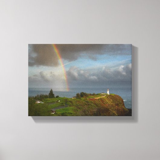Regenboog over Kilauea Vuurtoren canvas Afdruk (Voorkant)