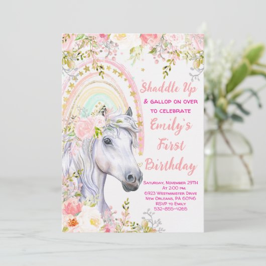 Regenboog & Paard Eerste Verjaardagsfeest Kaart (Staand voorkant)