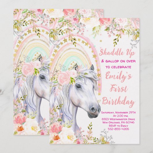 Regenboog & Paard Eerste Verjaardagsfeest Kaart (Voorkant / Achterkant)