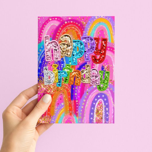 Regenboog Pailletten Verjaardagskaart- Helder Glit Kaart