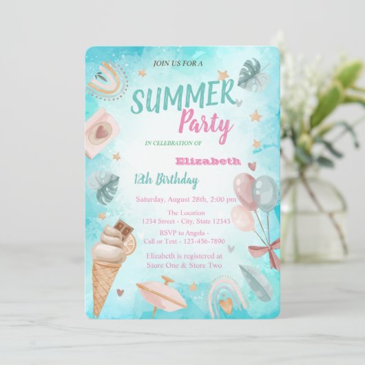 Regenboog, palmlef, ballonnen van de Birthday Part Kaart (Staand voorkant)