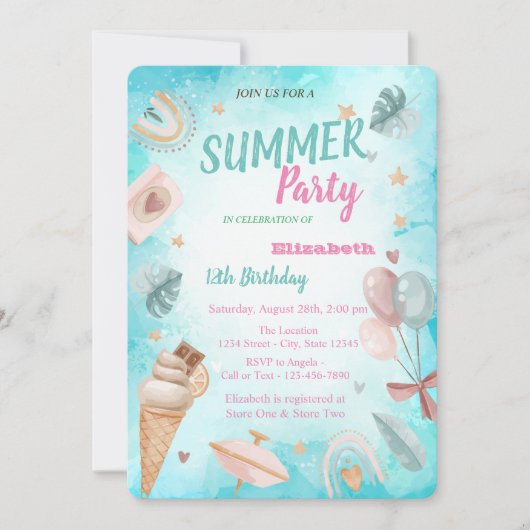 Regenboog, palmlef, ballonnen van de Birthday Part Kaart (Voorkant)