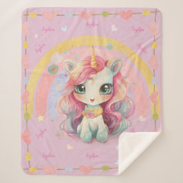 Regenboog pastel Lila Kawaii eenhoorn met naam Sherpa Deken