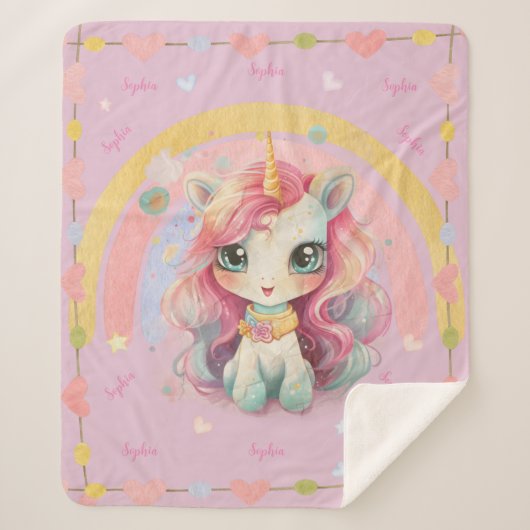 Regenboog pastel Lila Kawaii eenhoorn met naam Sherpa Deken (Voorkant)
