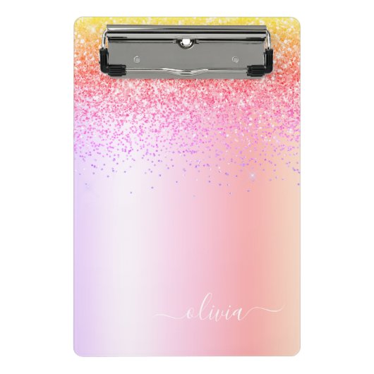 Regenboog Pastel Meisjesachtige Glitter Metaal Mon Mini Klembord (Voorkant)