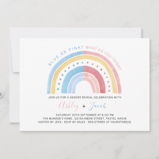 Regenboog Pastel Roze Blauw Geel Geslacht Reveal Kaart (Voorkant)