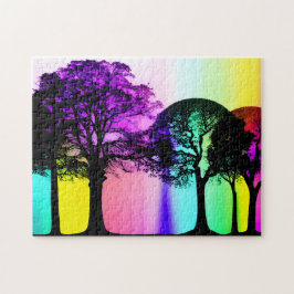 Regenboog pastels tussen zwarte boom silhouetten legpuzzel