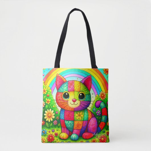 Regenboog Patchwork Kat Kunst Tote Bag (Voorkant)