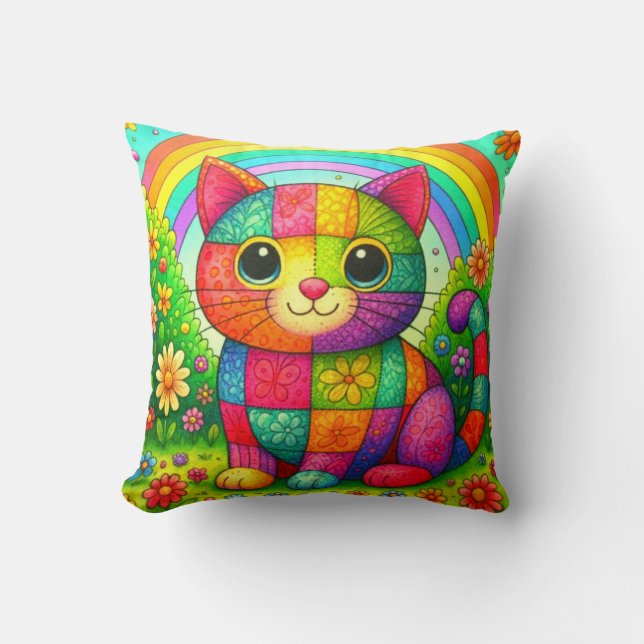 Regenboog Patchwork Whimsical Kleurrijke Kat Kussen (Voorkant)