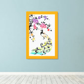 Regenboog pauw & kersenbloesem oranje rand canvas afdruk (Insitu (Houten vloer))