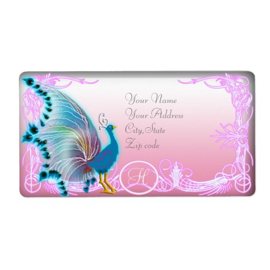 Regenboog pauw monogram etiket (Voorkant)