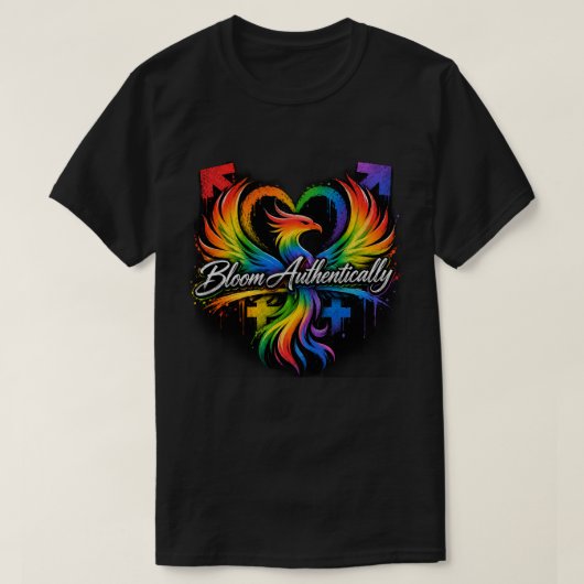 Regenboog Phoenix Hart "Bloei Authentiek" Pride T-shirt (Design voorkant)
